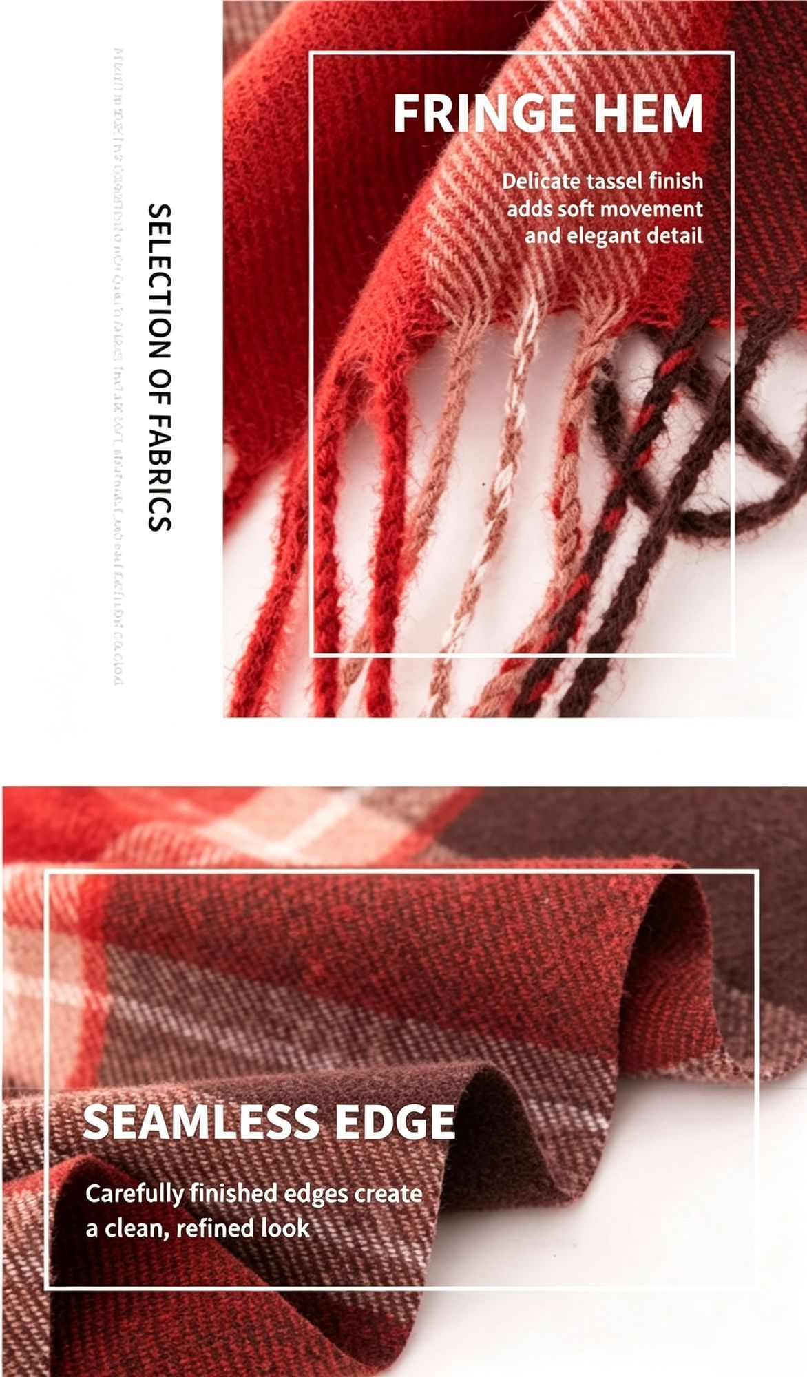 Burgundy Plaid Neck Wrap, Premium Cashmere Feel Warm Shawl 37x200cm Dark Red Grid for Daily Outfit Styling & Christmas Exchange Gift — image 6