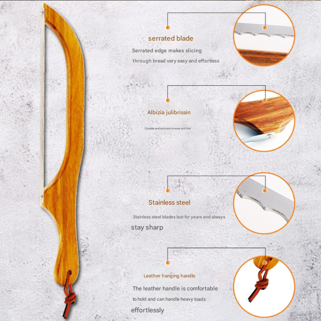 2 Pcs Khaki Artisan Wooden Bread Bow Knife - Serrated Stainless Steel Slicer for Effortless Crumb-Free Cutting โ image 3