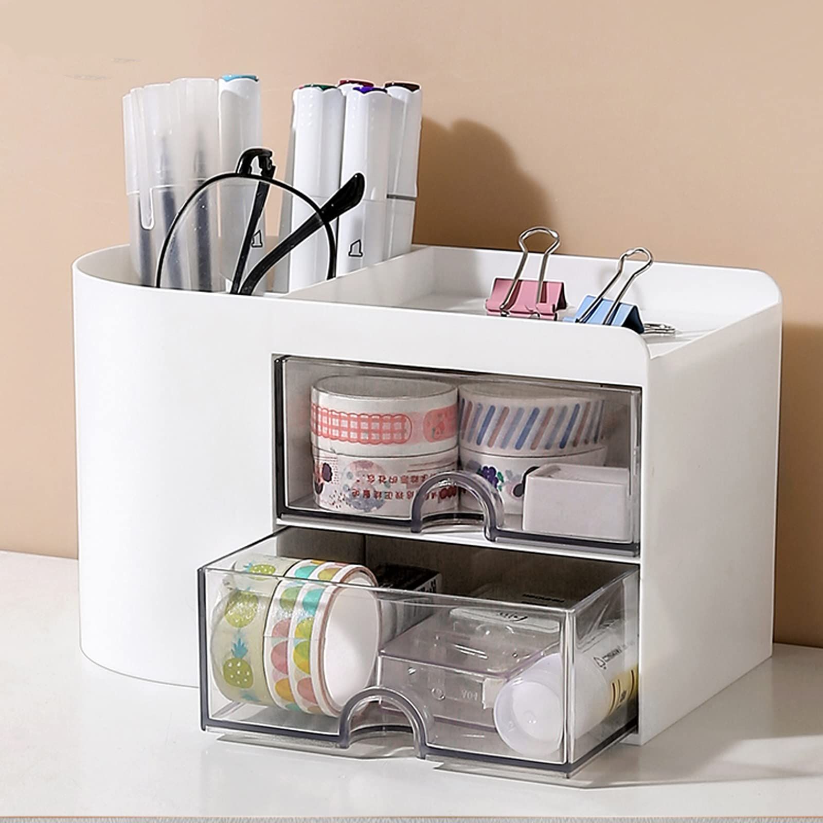 Pencil Pen Holder for Desk, Office Desk Organizer with drawer, Cute Desktop Stationery Organizer, Business Card/Pen/Pencil — image 3