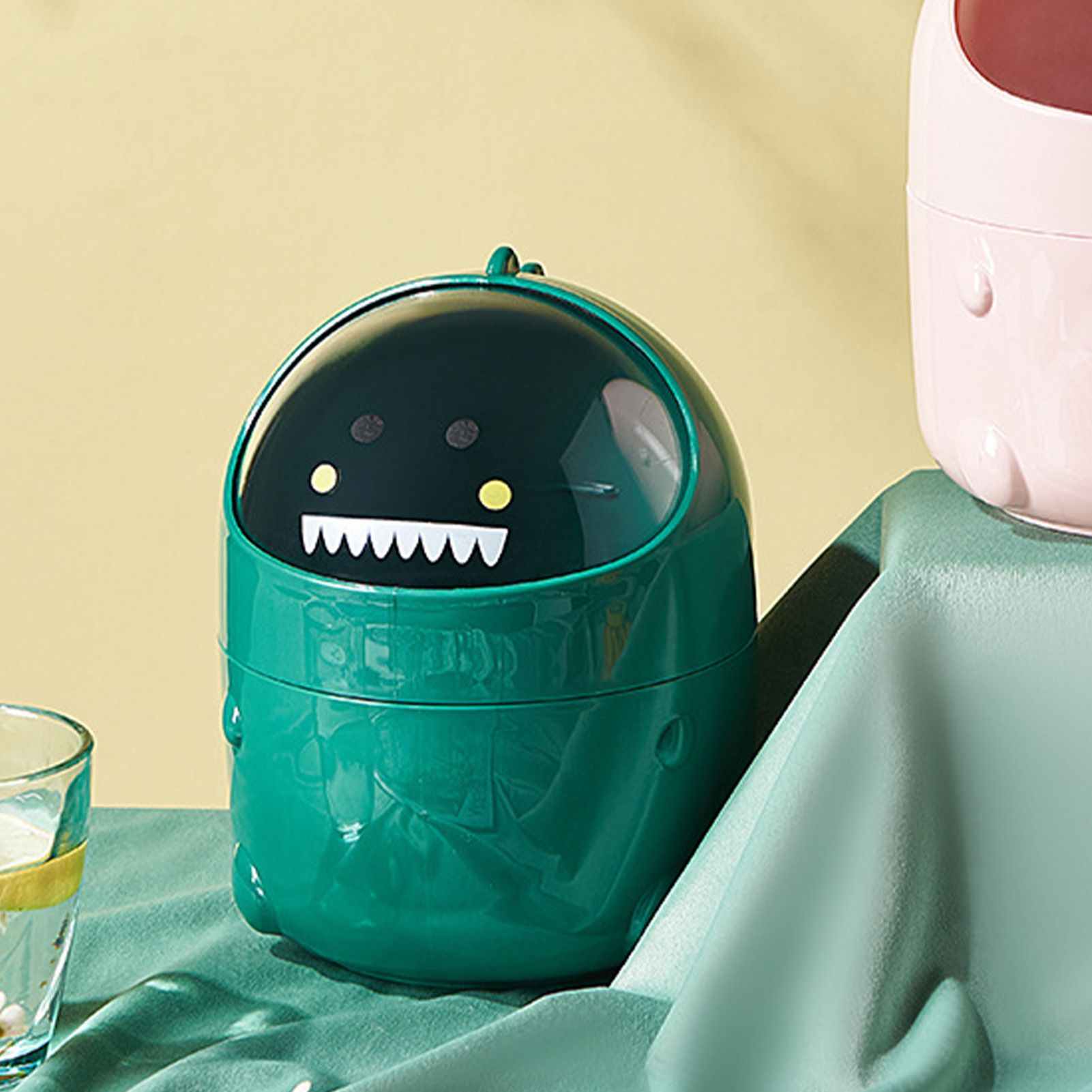 Desktop Trash Can Plastic with Lid Mini Small Cute Shaped for Dining Table Desk Home Office Easy Storage S Green — image 6
