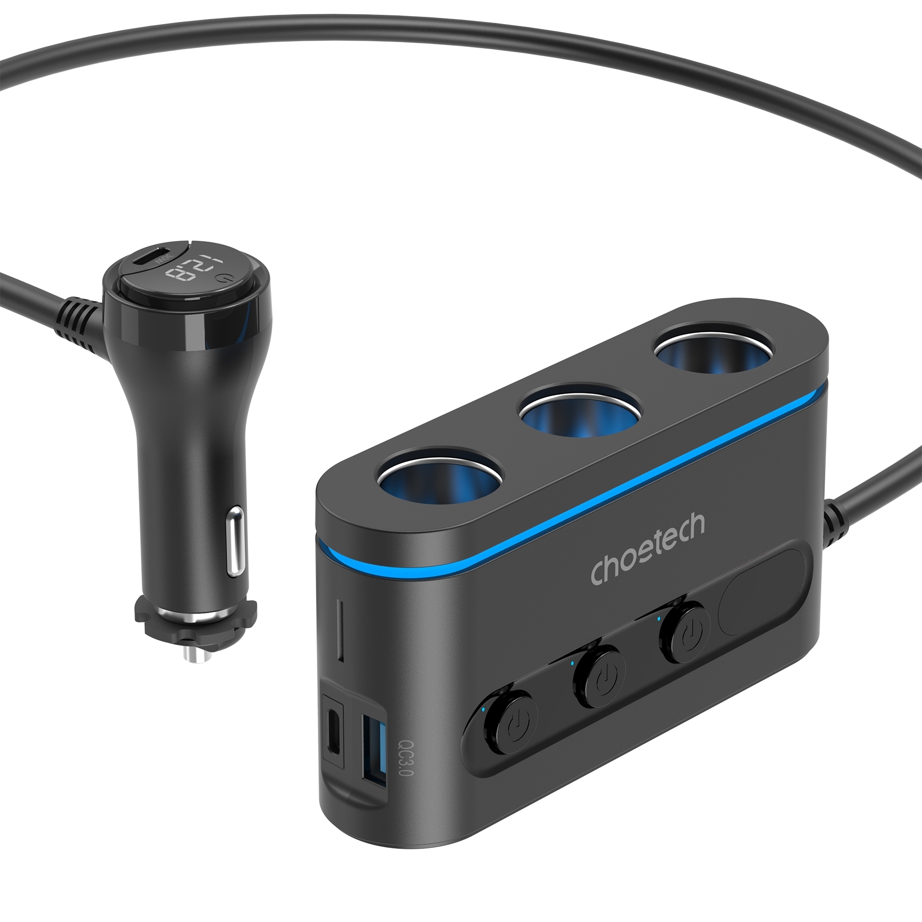 CHOETECH TC0021 3 Sockets 2C+1A Cigarette Lighter Splitter Black โ image 2