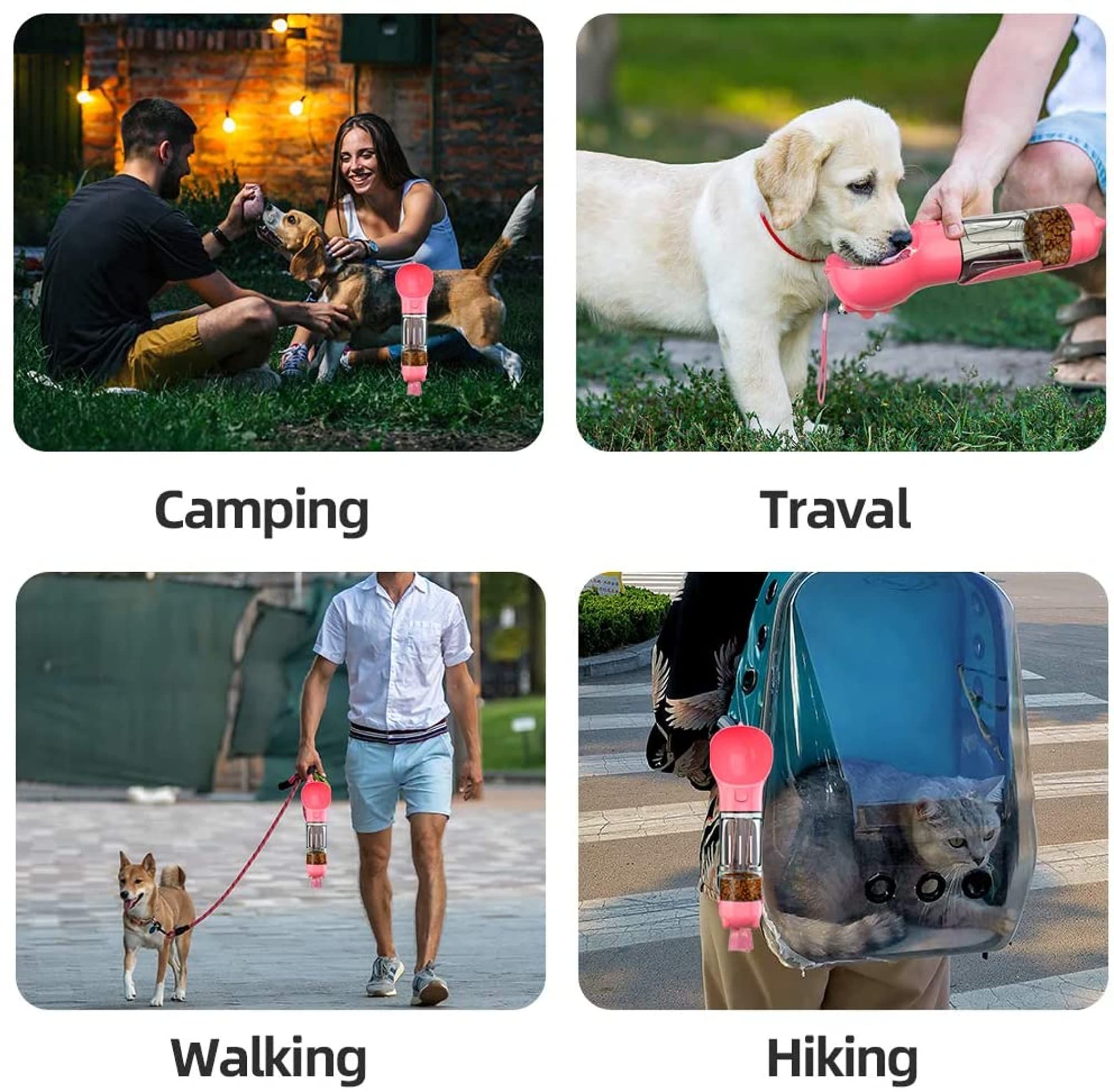 Portable 4in1 Dog Water Bottle with Food Storage, Poop Bag Dispenser and Scoop Size-300ml, Colour-Pink — image 4