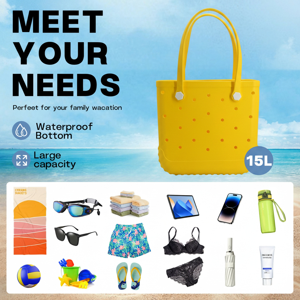 Waterproof Hexagon Mesh Beach Bag - Large Capacity Travel Storage Tote for Swimwear Towel Sunglasses - Yellow Medium 37x32x13cm โ image 4