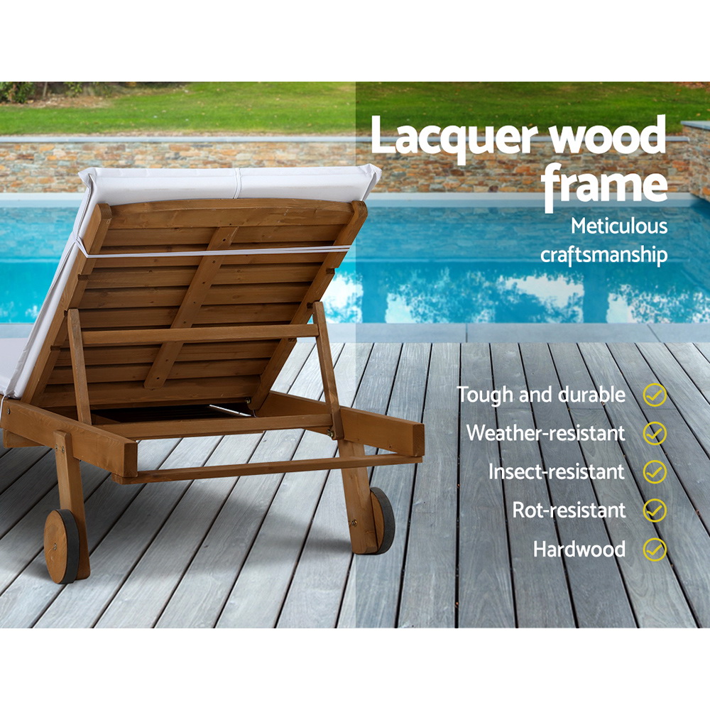 Gardeon 2x Sun Lounge Wooden Lounger Outdoor Furniture Day Bed Wheel Patio White โ image 6