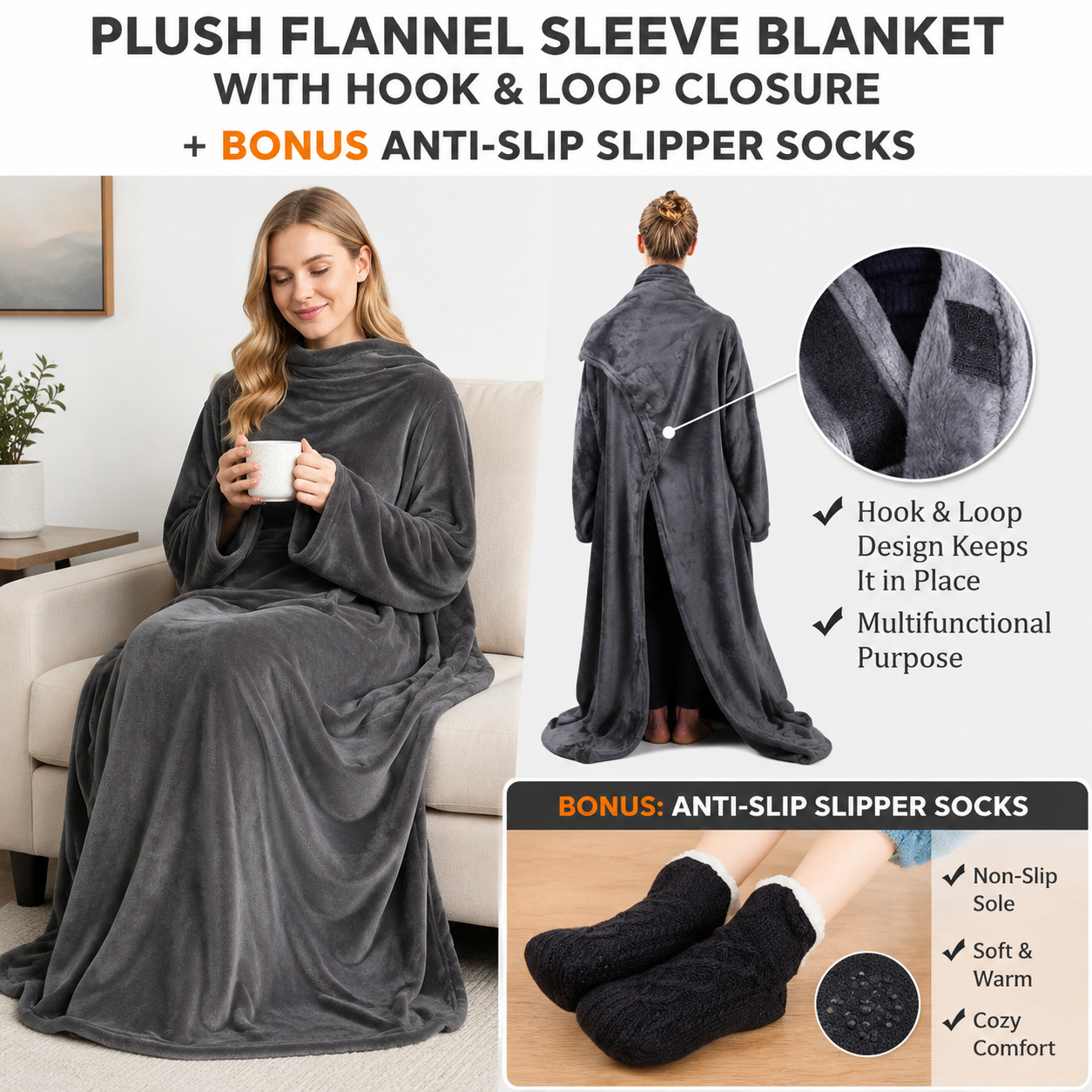 Winter Cozy Warm Loungewear Gift Set – 170 × 200CM Dark Grey Flannel Fleece Wearable Blanket with Adjustable Sleeves Large Front Pocket and Back Velcro