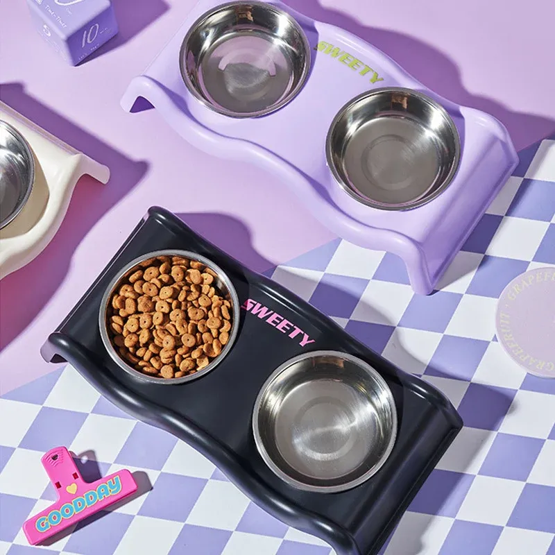 Pet Bowls Stainless Steel Double Bowl Wavy Cat Dog Feeding Dish Nonslip Base - White โ image 6