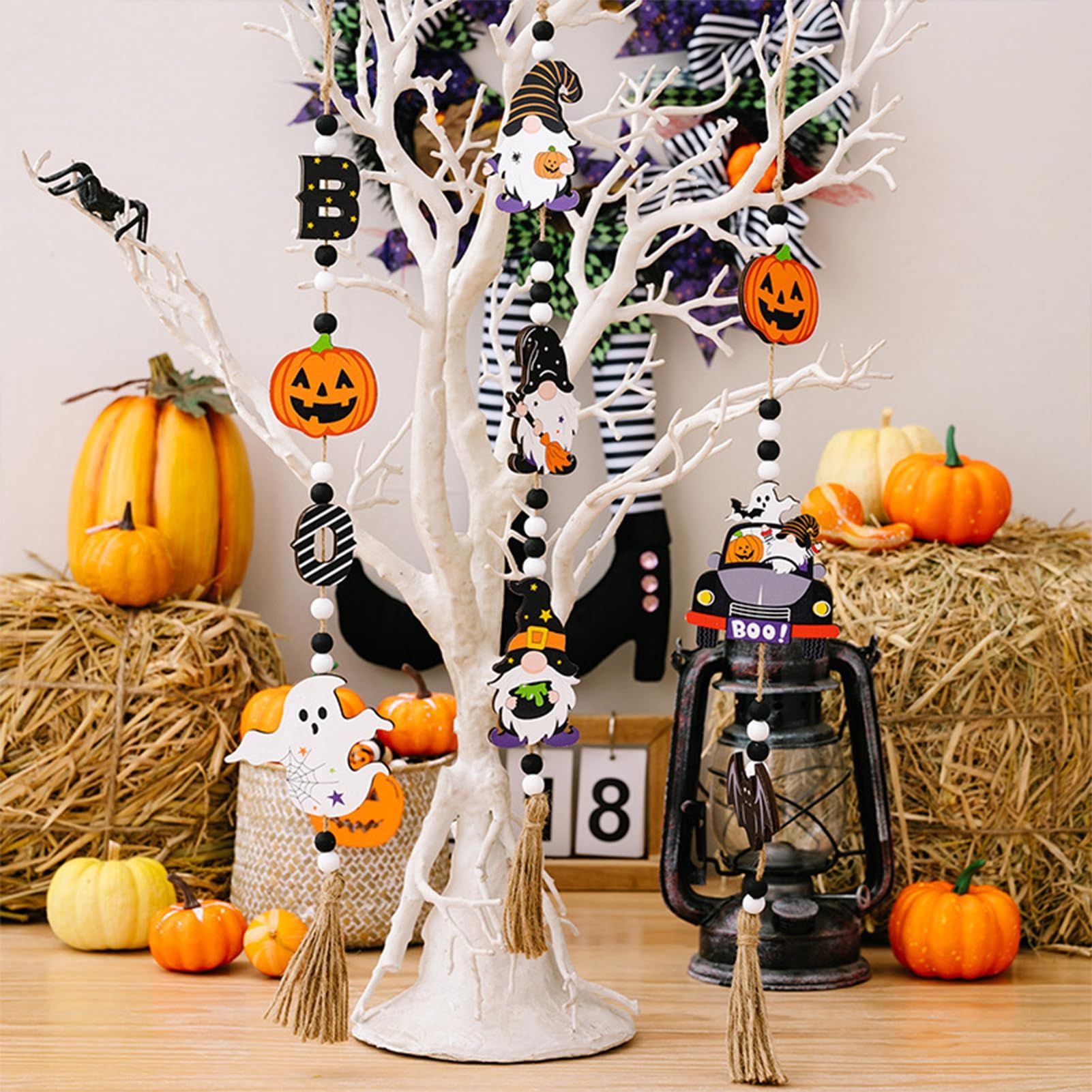 3pcs Halloween Wooden Bead Wreath Farmhouse Tree Pumpkin Spider Skeleton Ghost Plaque Wall Decoration Bead String β image 4