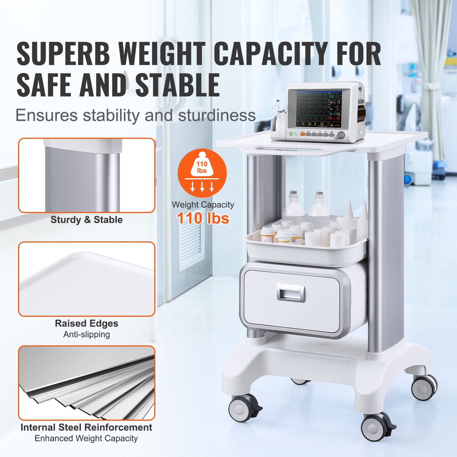 2 Tiers Lab Carts Mobile Medical Cart with 1 Drawer & 1 Top Tray White โ image 2