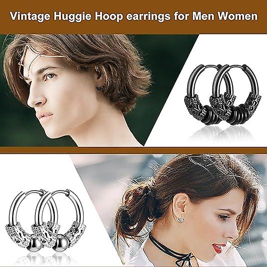 14mm Men's Titanium Steel Hoop Earrings Set - Black & Silver, Punk Rock Style — image 4
