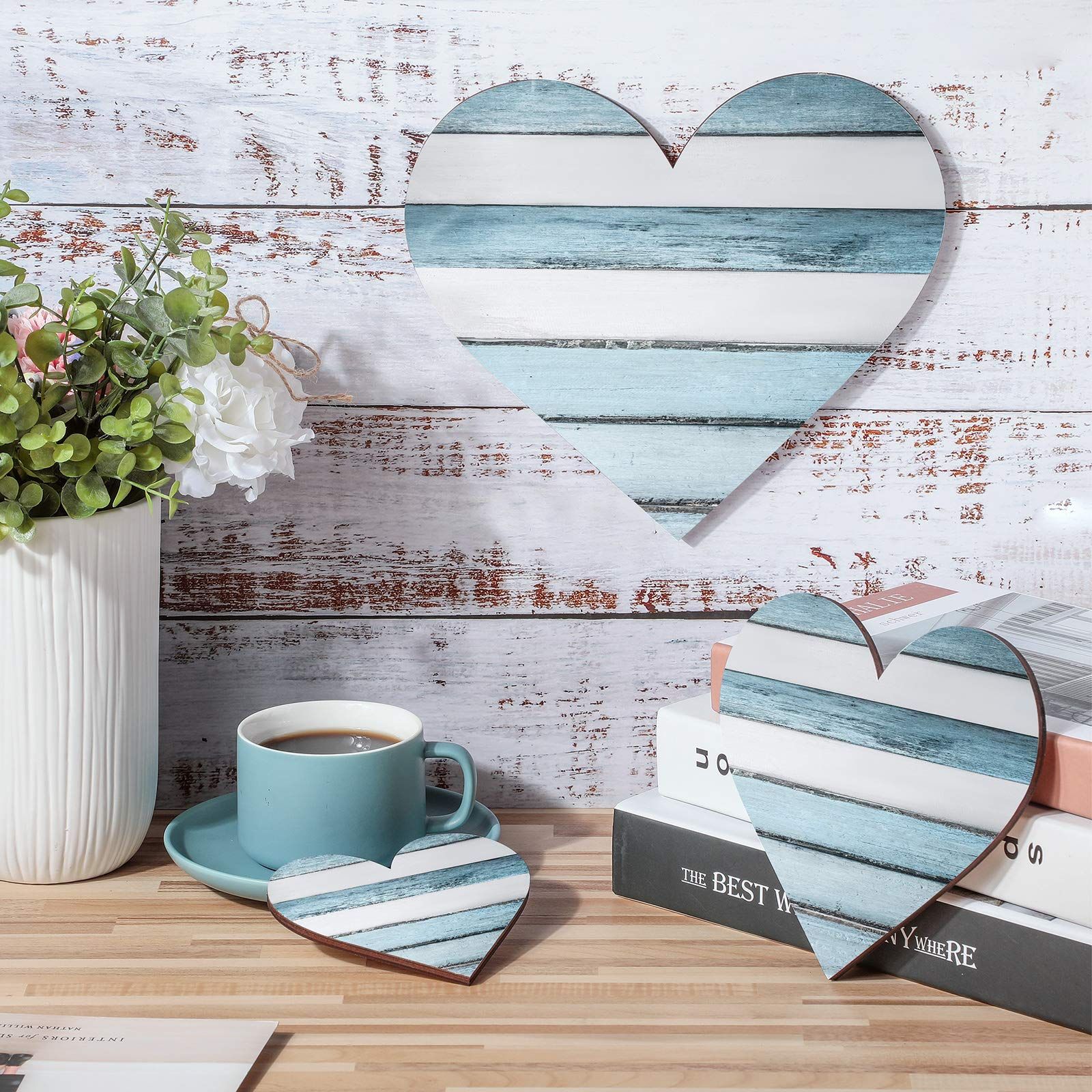 3 Pcs Heart Shaped Wood Sign Buffalo Plaid Decor for Kitchen Bedroom Bathroom Living Room 3 Sizes (Blue and White Wood Grain) — image 3