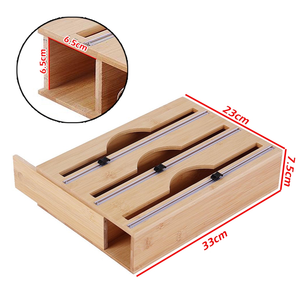 3 Grids Bamboo Food Wrap Dispenser Cutter Foil Cling Film Storage Holder Box Kitchen โ image 2