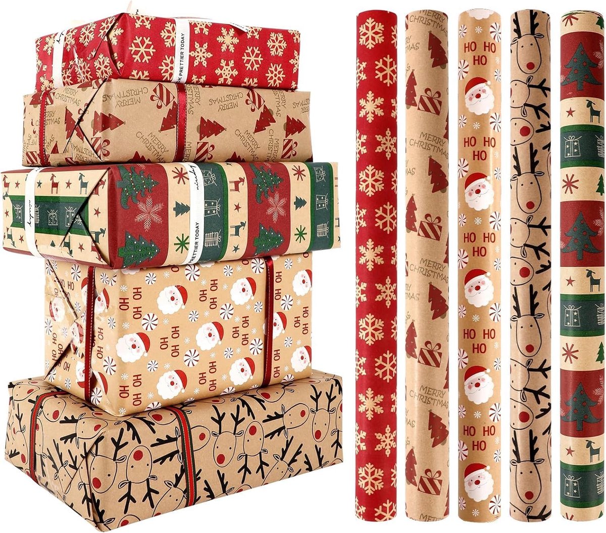 5 Roll Christmas Wrapping Paper - Christmas Wrapping Paper Rolls - Christmas Paper Wrapping Paper For Christmas - 17 inch x 50 Feet Mini Kraft Sheet Set