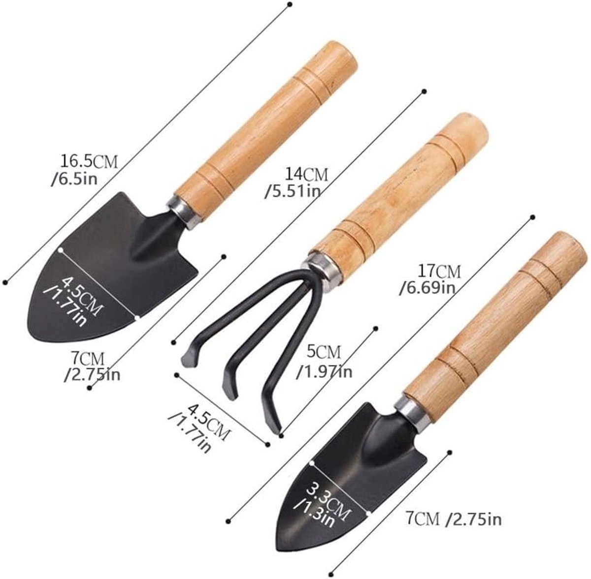3-Piece Garden Tool Set - Wooden Handle Design - Garden Trowel, Rake and Soil Shovel - For Pots and Plants — image 2