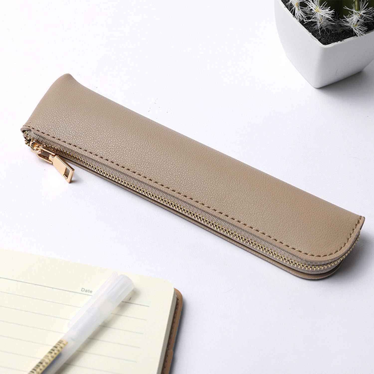 Faux Leather Pencil Case Cute Thin Slim Pouch Simple and Stylish Lightweight Leather pencil case(light khaki) โ image 3
