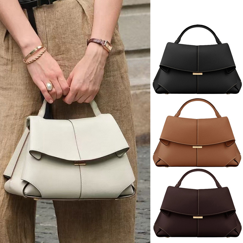 Khaki Elegant Womens Genuine Cowhide Leather Top Handle Satchel - Chic Flap Crossbody Shoulder Bag — image 2
