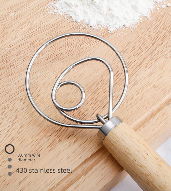 Triple Loop Danish Dough Whisk with Short Oak Handle - 9 Inch Compact Stainless Steel Mixer for Sourdough Starters, Eggs & Batter - Hand Held Flour — image 3