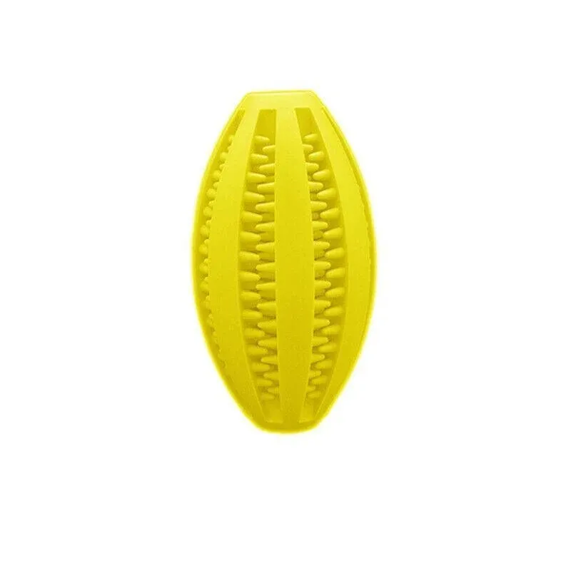 Dog Chew Toy Rubber Ball Treat Dispenser Dental Cleaning Training Play Ball - Yellow Rugby (11.5CM)