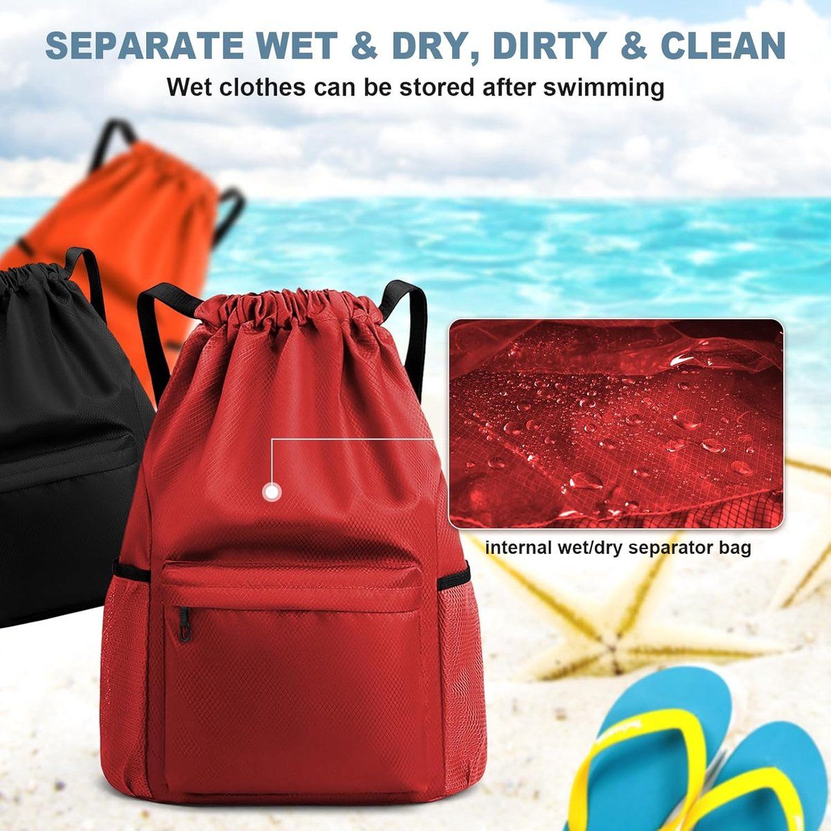 Drawstring Gym Backpack, Water Resistant Sports Bag With Wet Dry Compartment And Multi Pocket Design, 18.5 in โ image 3