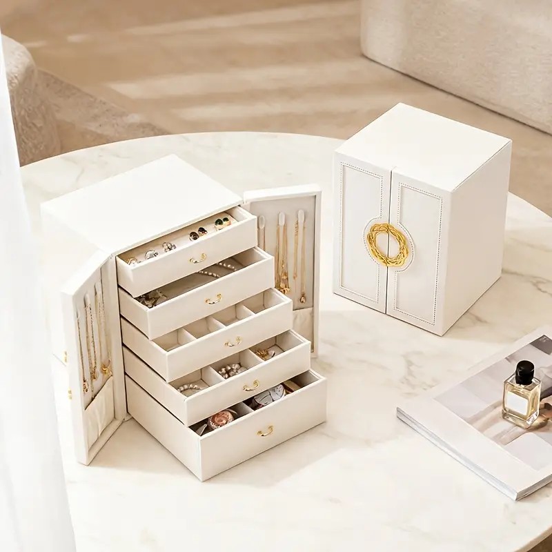 White 1 Large Faux Leather Jewelry Storage Box with 5 Drawers and Gold Handles - An elegant rectangular storage space for rings, necklaces, bracelets โ image 3