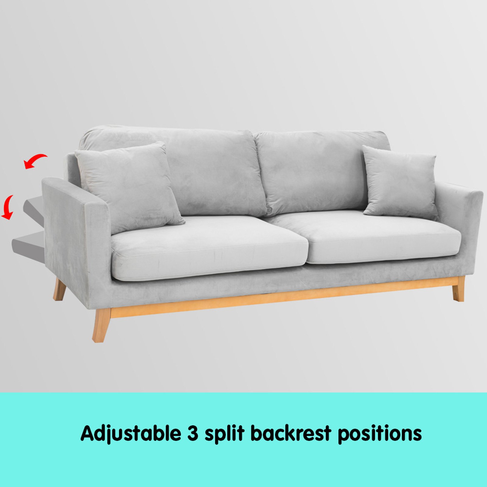 Sarantino 3 Seater Faux Velvet Sofa Bed Couch Furniture Light Grey — image 5
