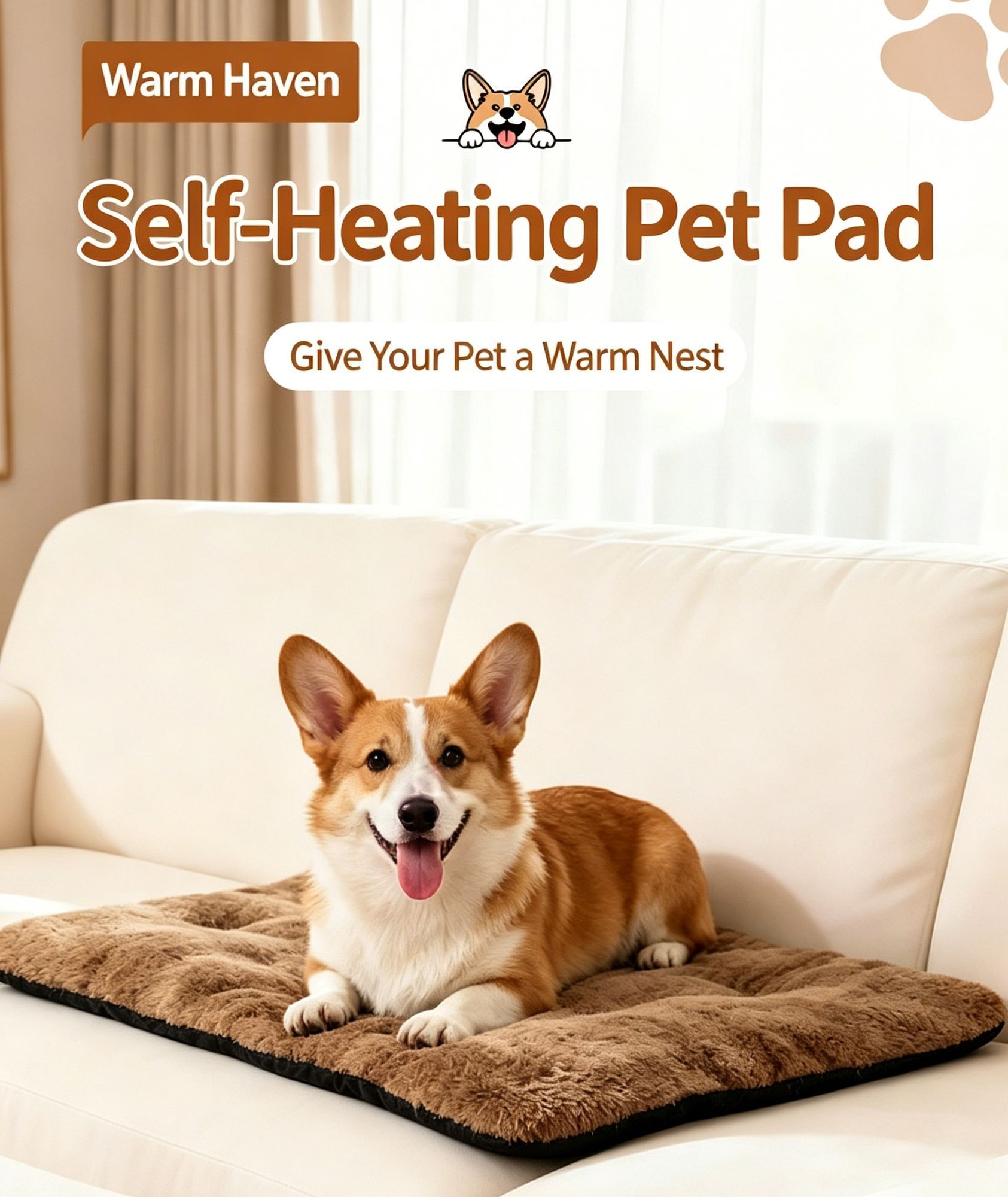 Khaki Self Heating Pet Pad XL Size 72 × 115cm Warm Dog Cat Mat
