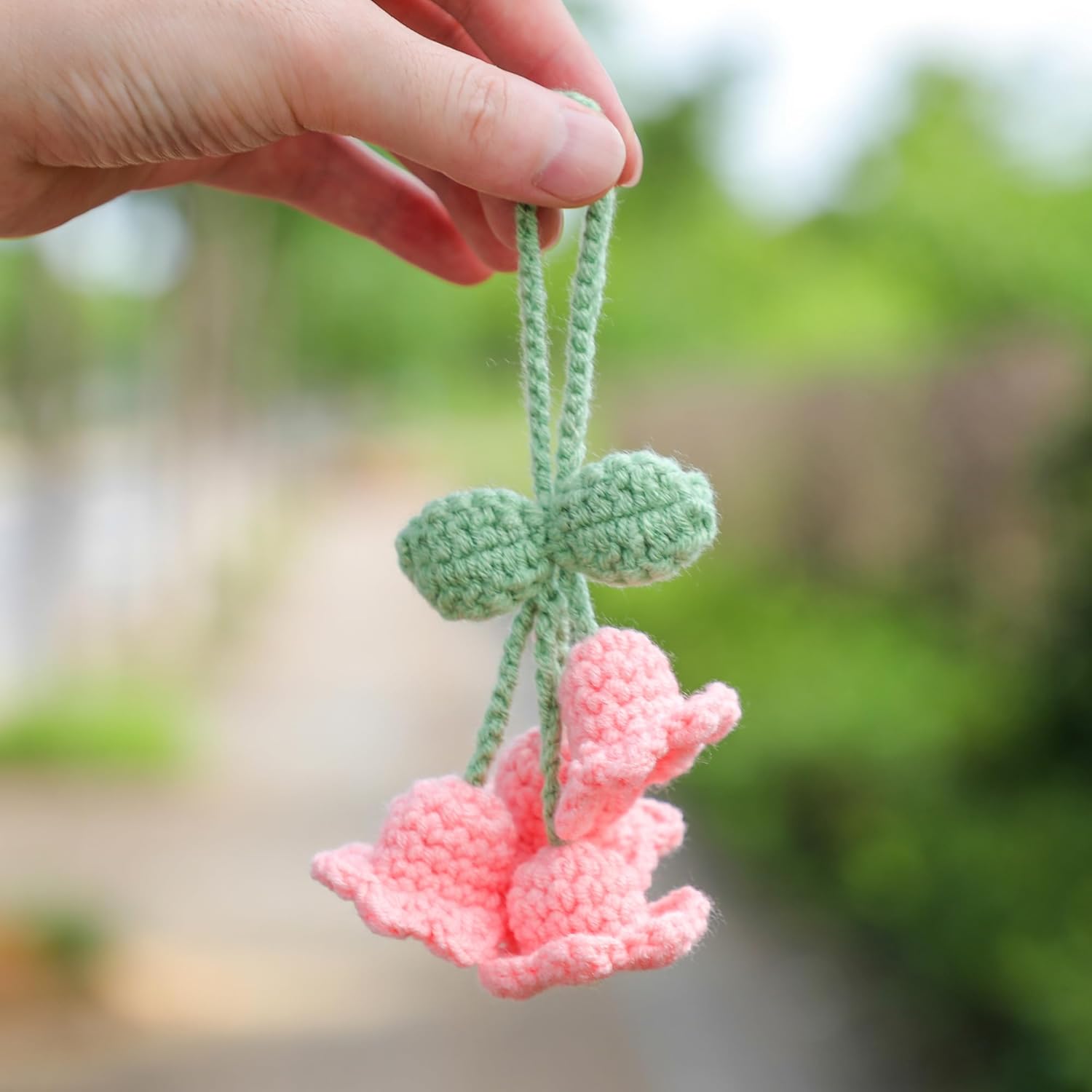 Lily Flower Hand Knitted Car Mirror Suspension Accessories, Rearview Mirror Accessories Car Decoration for Men and Women(Pink) — image 3