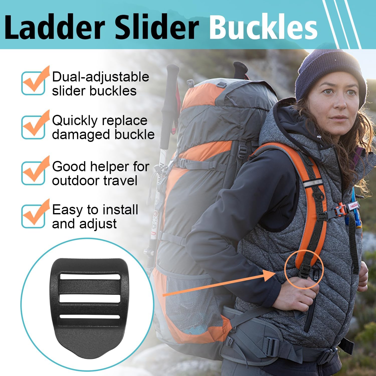 CooBigo 6 Pcs Ladder Slider Buckles+6 Pcs Tri glide Slider for Backpack Strap Clips, Plastic Clips for Straps Adjuster, Backpack Clips for 1 Inch webbing strap โ image 3