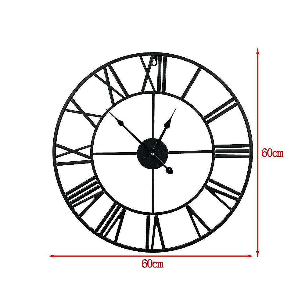 60cm Industrial Large Wall Clock, Round Metal Wall Clocks Roman Numerals Style — image 5