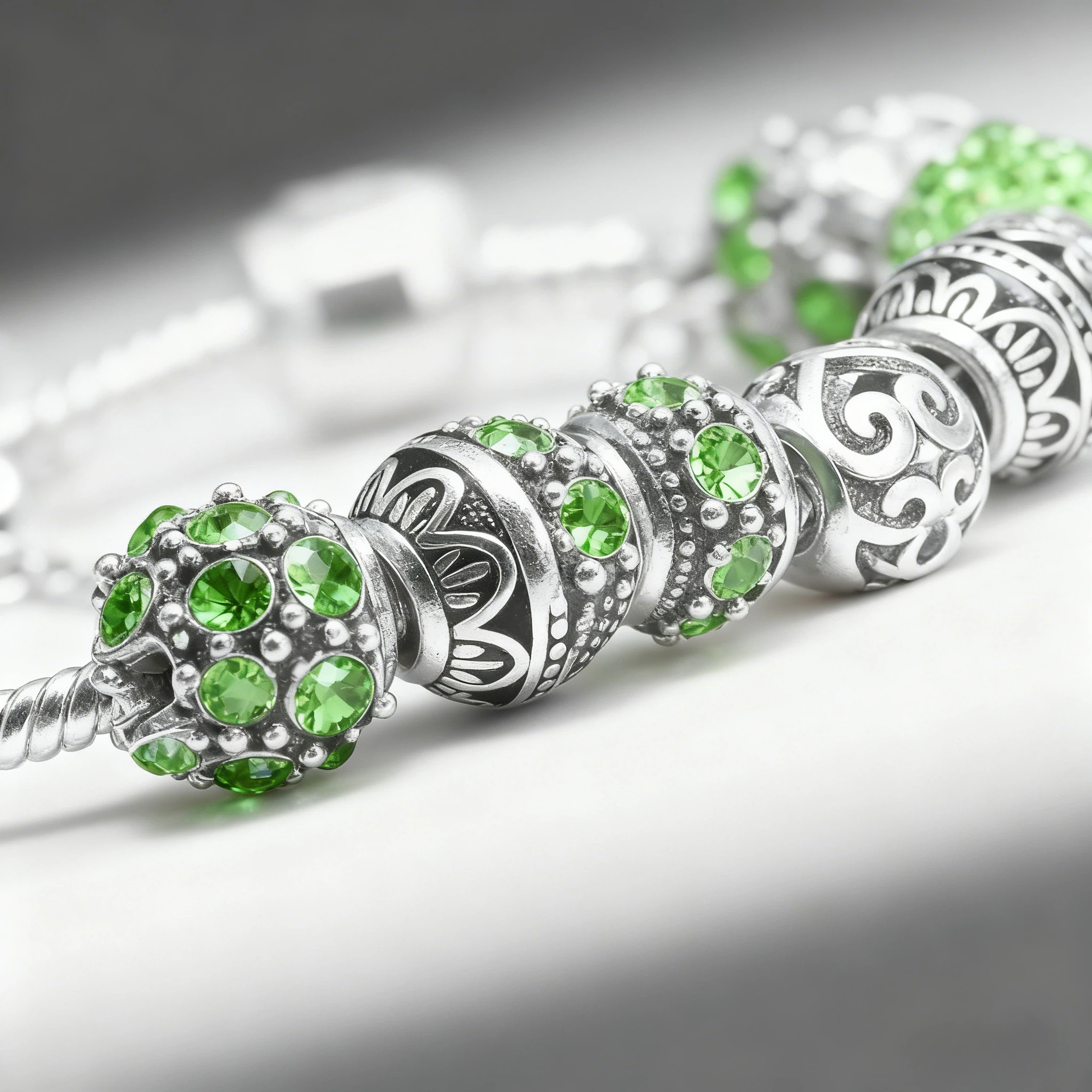 Women’s Vintage Silver-Plated Charm Bracelet - Crystal-Embedded Hollow Carved Multi-Bead Fashion Jewelry(green-19cm) — image 4