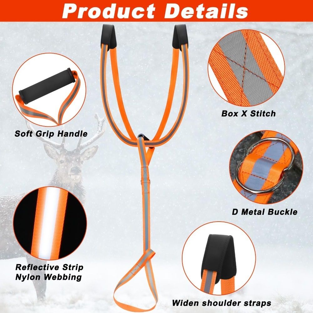 Deer Drag Harness & Rope – Heavy Duty 480lbs Capacity, Reflective Orange Hunting Gear with Comfortable Shoulder Strap, Soft Handle – Essential for Dragging — image 3