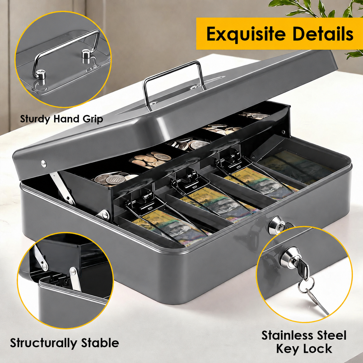 Lockable Metal Cash Box with 2 Keys, 4 Bill & 5 Coin Tray, Security Money Box with Anti-Loss Rope โ image 3
