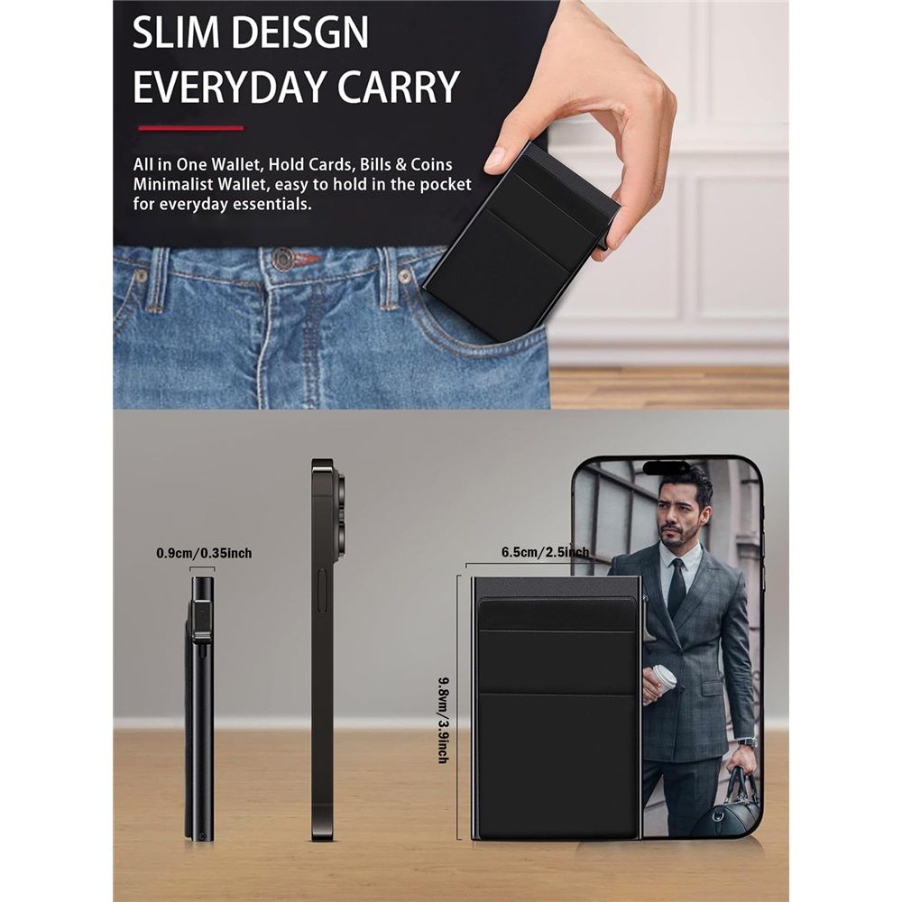 Small Slim Wallet aluminum alloy Business Card Holder for Men, Pop Up Minimalist Card Credit Wallet, RFID Blocking - Black(only one wallet) — image 3