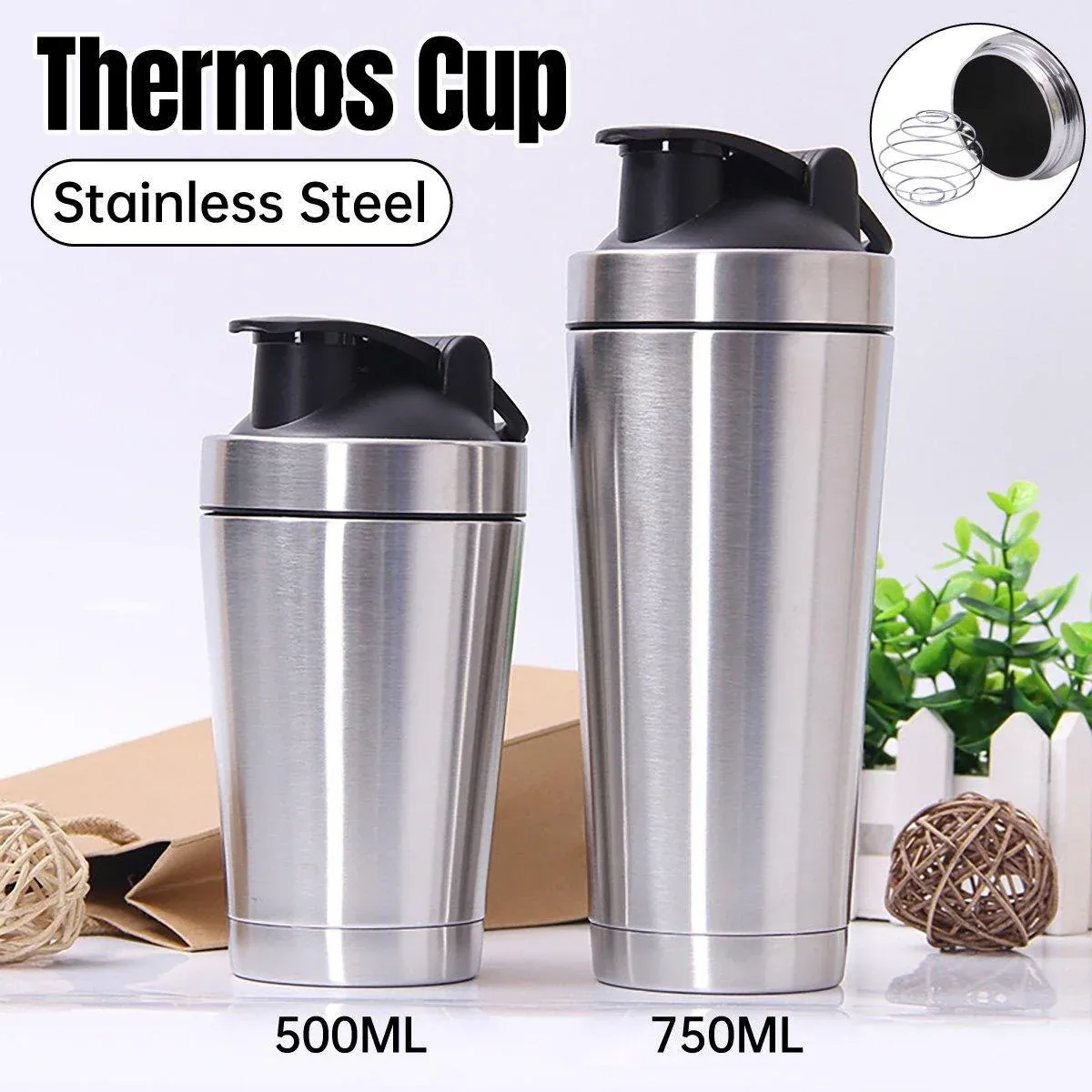 500/750ML Stainless Steel Protein Blender Shaker Cup Bottle Mixed Water Sport - 750ml — image 2