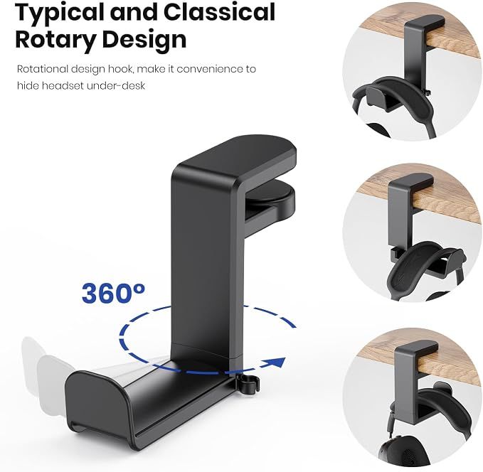 Rotating Headphone Stand - PC Gaming Headset Holder, Adjustable Clamp-on Under Desk Hanger With 360 Degree Swivel & Cable Clip Organizer - Black — image 4