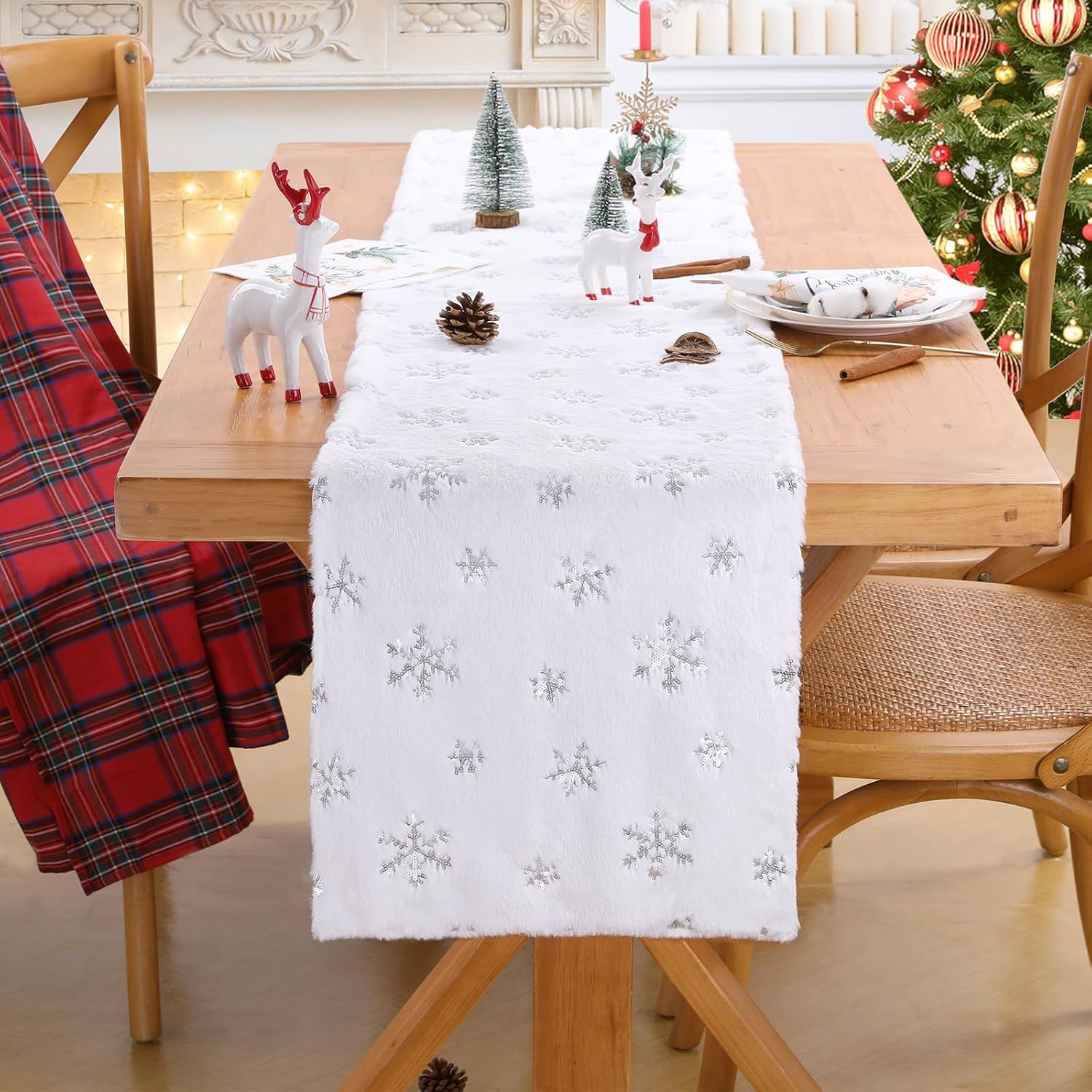 White Fur Table Runner Silver Snowflakes Christmas Table Runner, Winter Xmas Holiday Kitchen Dining Table Decoration Indoor Outdoor Party Decor 13 x 48 Inch โ image 2