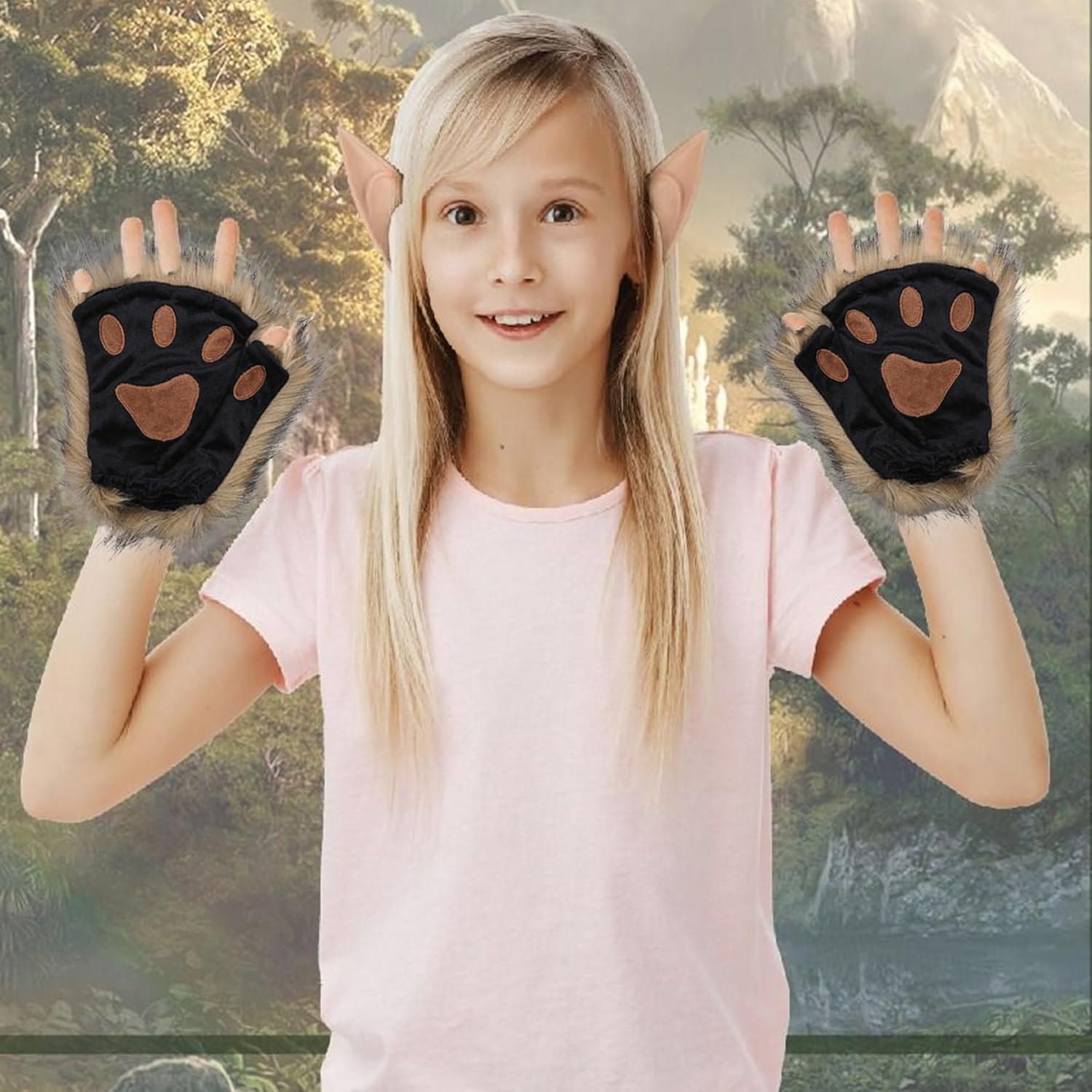 Therian Paws, Cat Paw 1 Pair Half Finger Therian Paws Cute Embroidered Fur Paws Decorative Realistic Paw Gloves for Kids Adults Cosplay Stage, Black — image 4