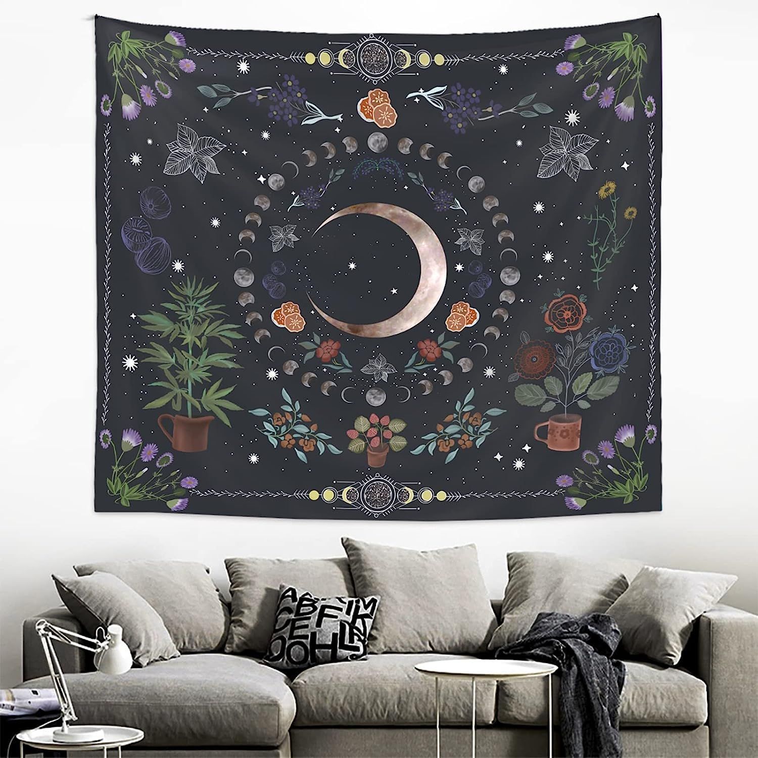 Plant Tapestry, Nature Moon Phase Tapestry Wall Hanging, Bohemian Mandala Tapestry Aesthetic Bedroom Decor โ image 2