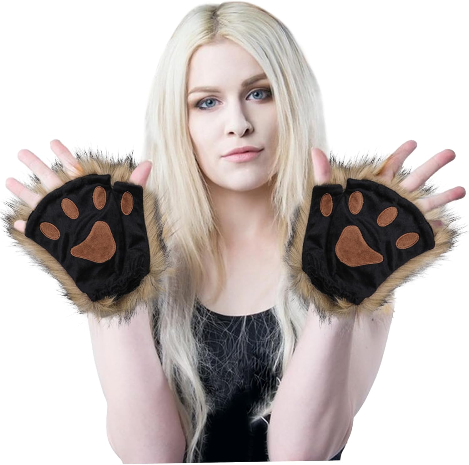 Therian Paws, Cat Paw 1 Pair Half Finger Therian Paws Cute Embroidered Fur Paws Decorative Realistic Paw Gloves for Kids Adults Cosplay Stage, Black