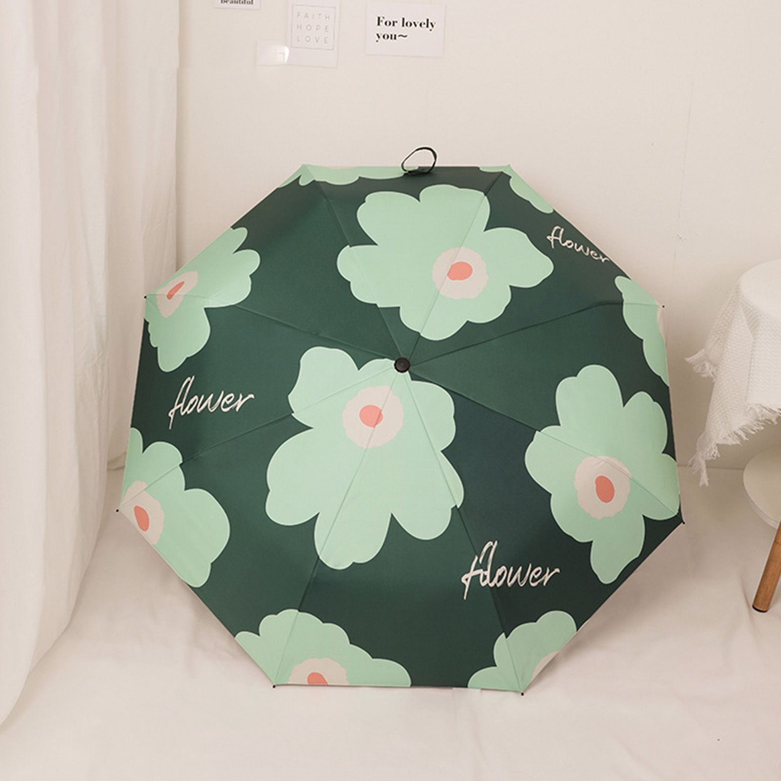 Flower Pattern Folding Umbrella UV Protection Foldable Rain Shine Dual Use Sun Umbrella for Travelling Blackish Green — image 6