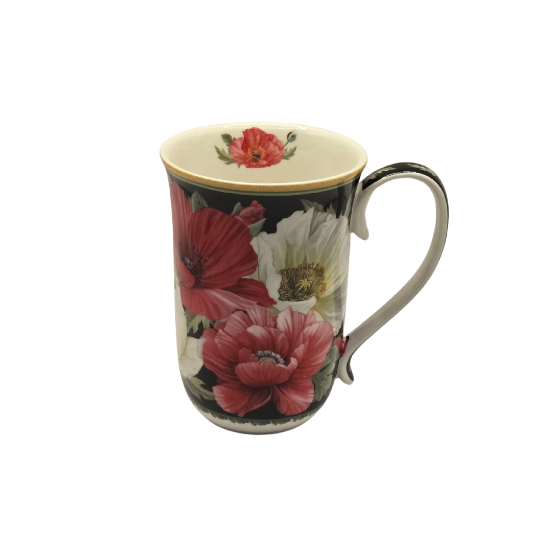 Elegant Poppies Fine Bone China Mug - 405ml Black Floral Teacup — image 2