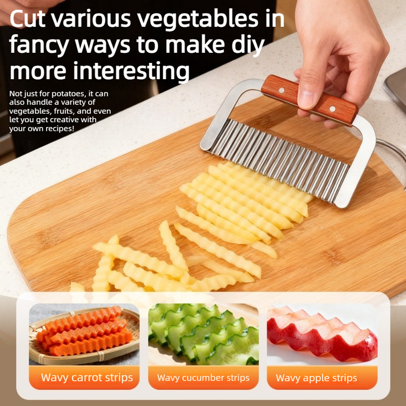 1 piece - Stainless Steel Wavy Potato Cutter with Wooden Handle, Crinkle-Cut French Fry Slicer, Multi-Purpose Vegetable Chopper β image 3