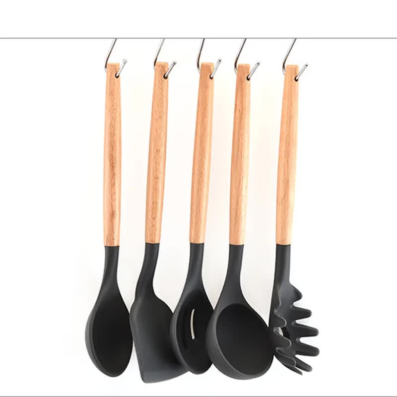 Red And Brown 12-Piece Silicone Kitchen Utensil Set - Non-Stick Food-Grade Silicone Cooking Tools with Wooden Handles and Holder โ image 5