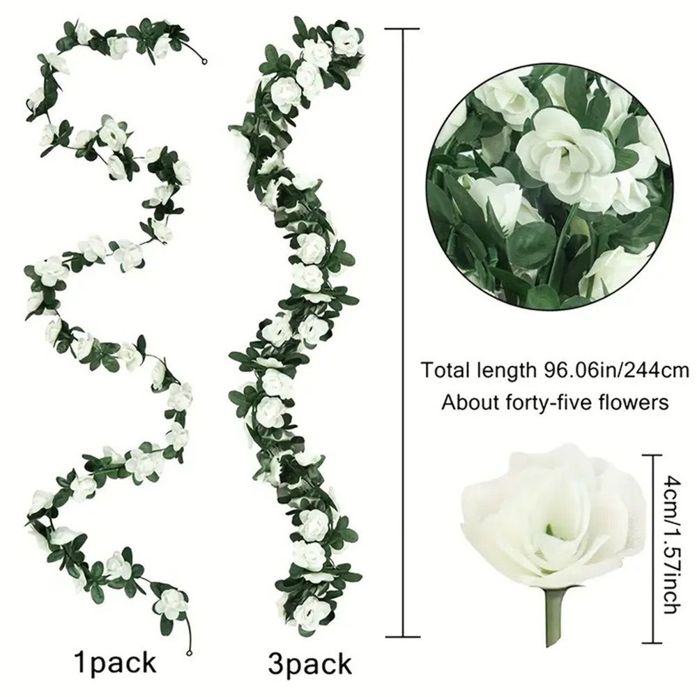 4Pcs Artificial Rose Vine Fake Flower Garland Fake Silk Rose Hanging Vine for Wedding Party Background Arch Garden Background Decoration (White) — image 3