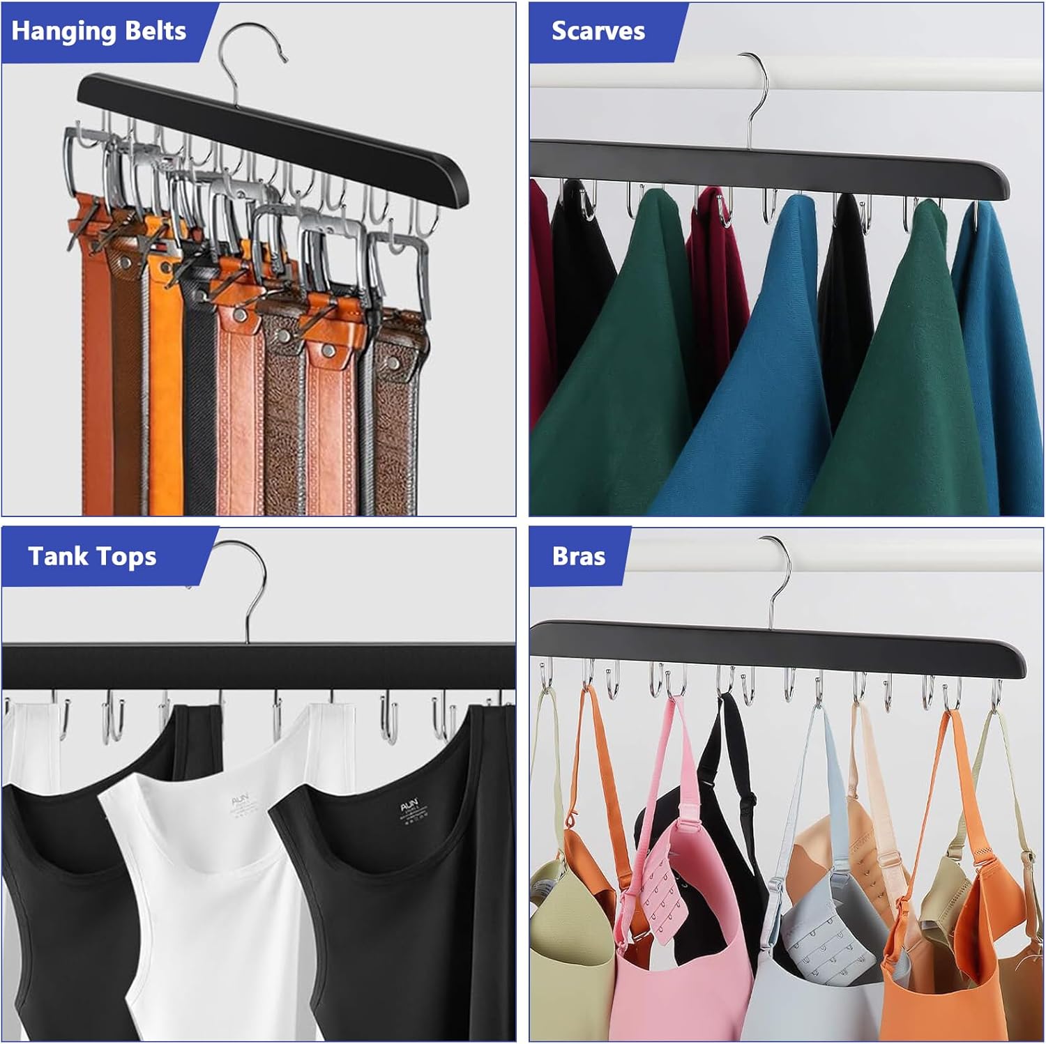 Belt Hanger Bra Hanger Tie Rack, Belt Organizer for Closet Accessories with 14 Hooks, Sturdy Wood for Closet Organizers and Storage — image 6