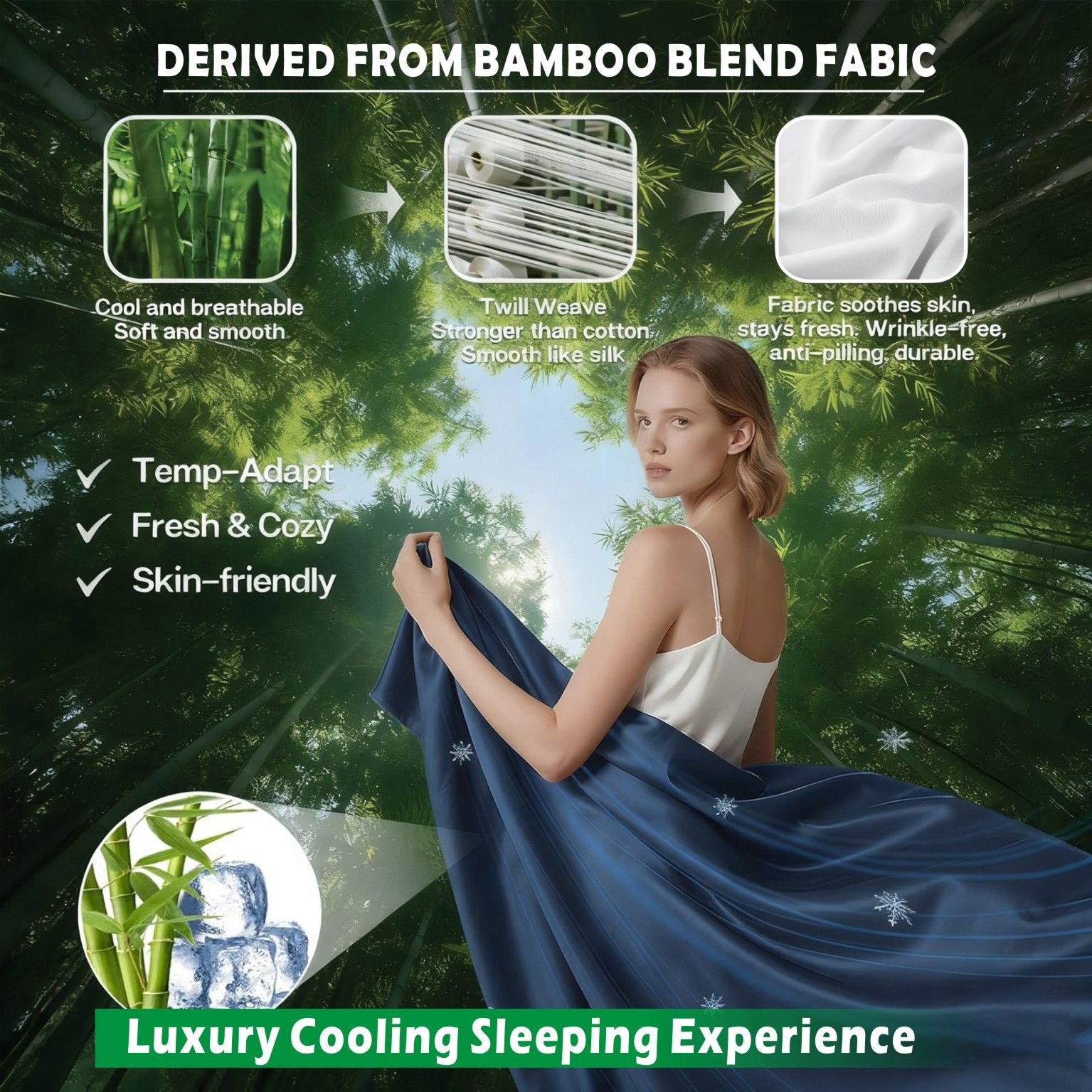 3 Piece Hotel Bamboo Cooling Sheet Set -Ultra Soft 2000TC Breathable Bed Sheets Set with 37 Centimetre Deep Pocket-Cooling Sheets for Hot Sleepers(Navy,King — image 3