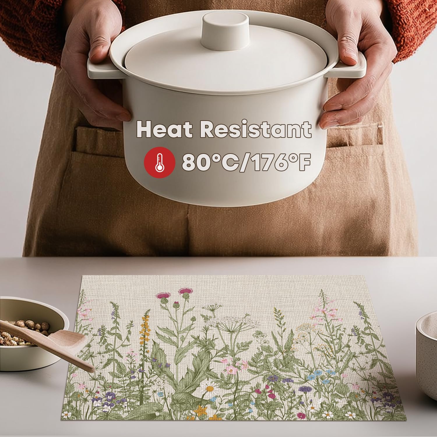 Wildflower Vinyl Placemats Set of 4, Washable Non-Slip Plastic PVC Table Mats for Spring Party Kitchen Dining Decor, 12x18 Inch โ image 4