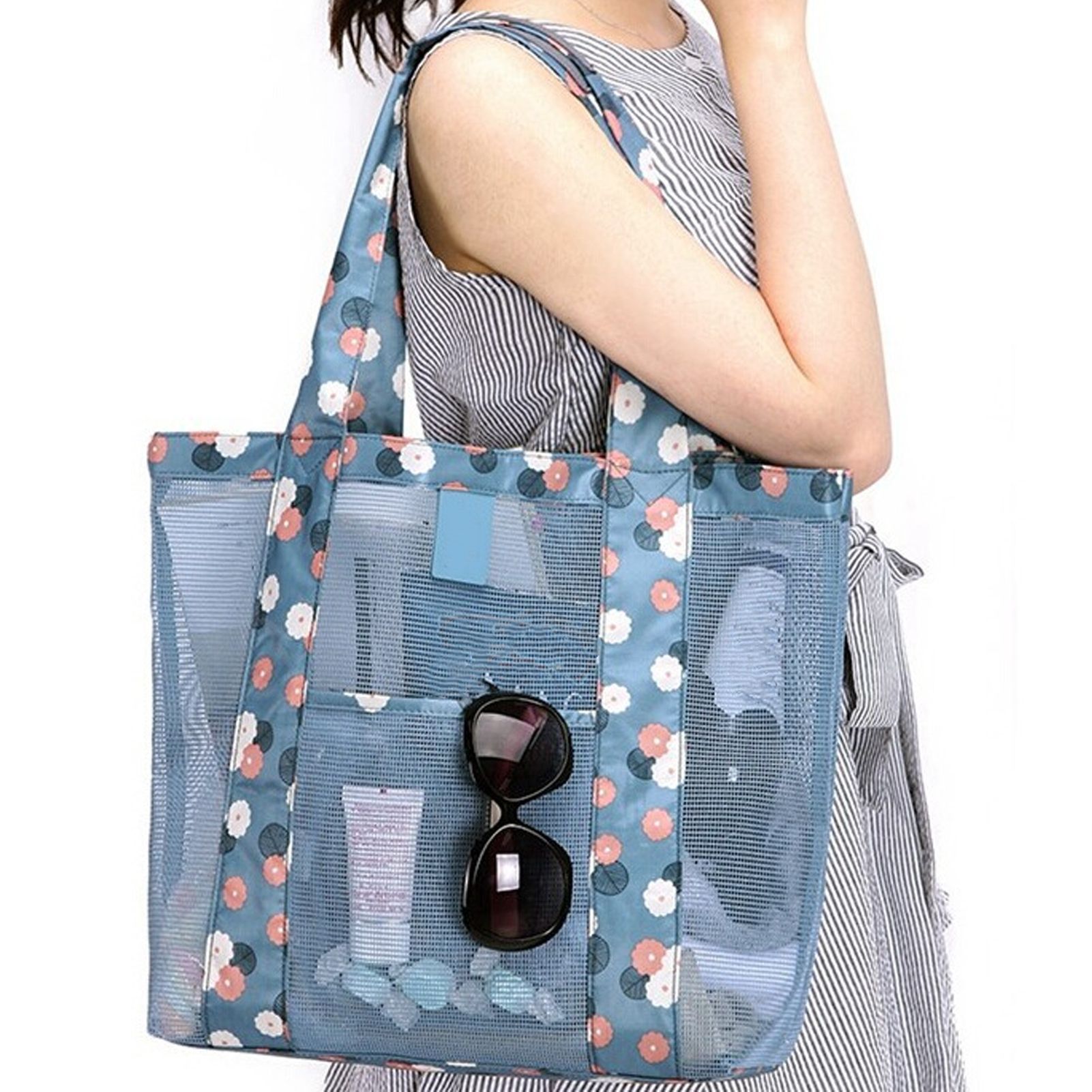 Beach Tote Waterproof Large Capacity Casual Oxford Cloth Women Mesh Handbag for Shopping Swimming Blue Flower — image 5