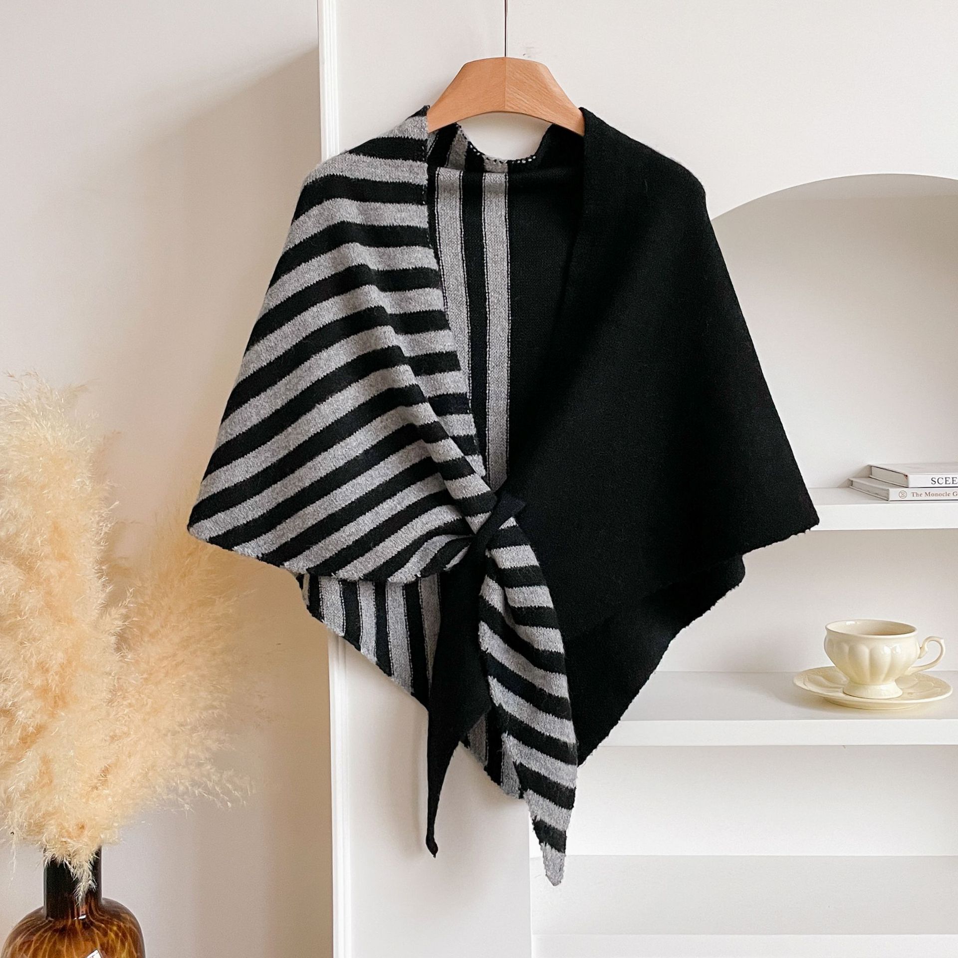 Blue and Grey Color blocking Striped Women's Triangle Shawl Cape - Soft Knit Faux Cashmere Poncho Wrap, Lightweight Warm Pullover for Office Travel & Daily โ image 3