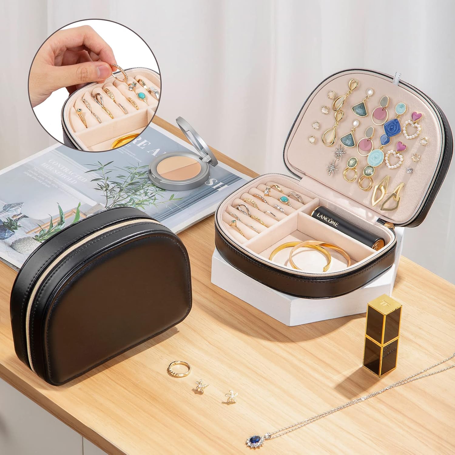 Travel Size Jewelry Box, Small Portable Seashell-shaped Jewelry Case, 2 Layer Mini Jewelry Organizer in PU Leather, Earring Necklace Bracelet Ring Holder Box — image 3