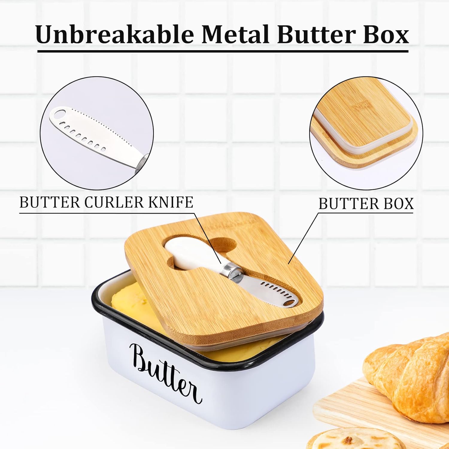 Butter Dish with Lid and Curler Knife - Unbreakable Stainless Steel Keeper Container Double Silicone Sealing, for Kitchen Farmhouse Decor White โ image 4